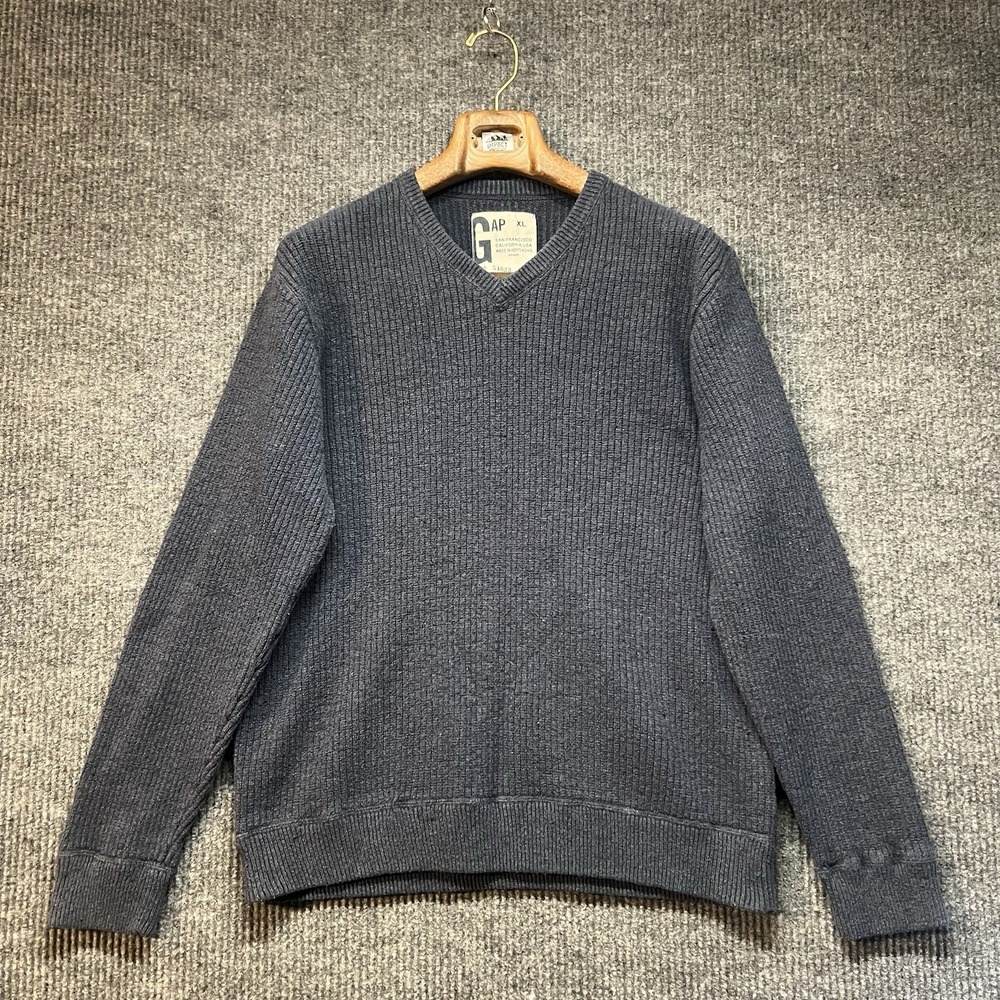 Vintage Gap Sweater Mens XL Blue Ribbed Tight Knit V Neck Long Sleeve Y2K 90s